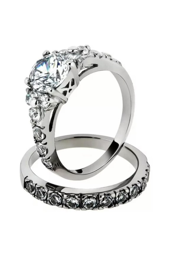 Solitaire with Accents Engagement Ring Half Eternity Wedding Band Stacking Set-9.5