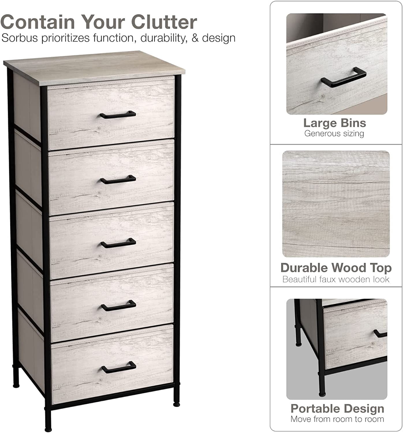 Sorbus Tall Fabric Storage Dresser - Stand Up Tower of Drawers for Bedroom, Dorm, Closet, Living Room, Entryway, & More - Skinny Nightstand Organizer