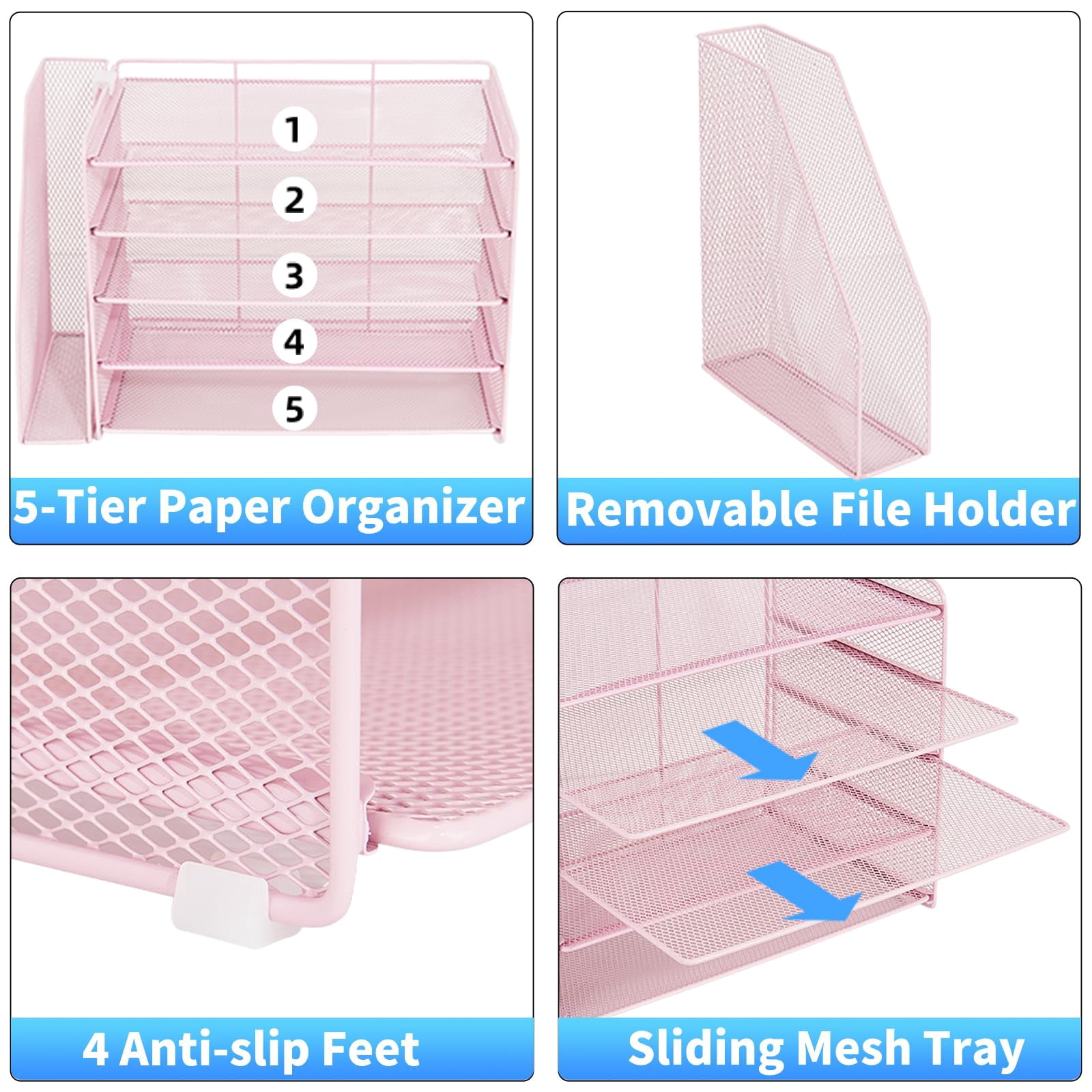 Desk Organizer  5-tier Paper Letter Tray With Magazine Holder Office Accessories & Workspace Organizers Desktop File For Supplies Storage Pink