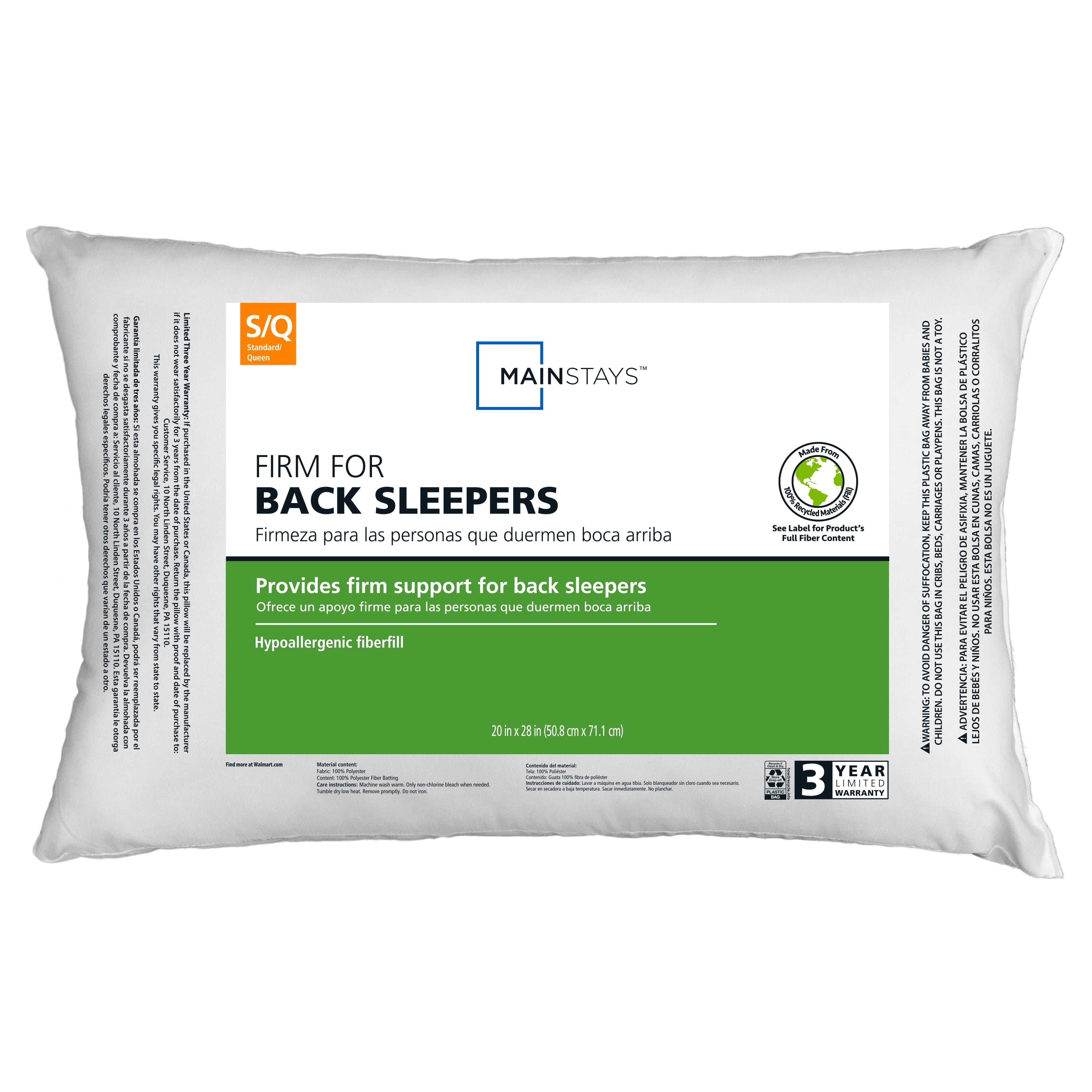 Mainstays Firm Support for Back Sleepers Pillow, Standard/Queen