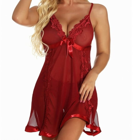 

MRULIC lingerie for women Women s Fashion Lace Pajamas Seductive Suspender Nightdress Red + 4XL