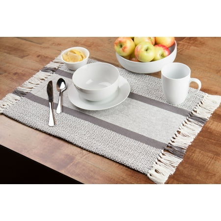 Fringe Placemats - Sticky Toffee Cotton Woven Placemat Set with Fringe, Traditional Diamond, 4 Pack, Gray, 14 in x 19 in
