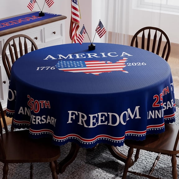 250th Anniversary America Tablecloth Round 60x60 Inch, Washable USA 4th of July Tablecloth 250 Anniversary Decorations Waterproof Memorial Day 250 Years of Freedom 1776-2026 Patriotic Table Cloth