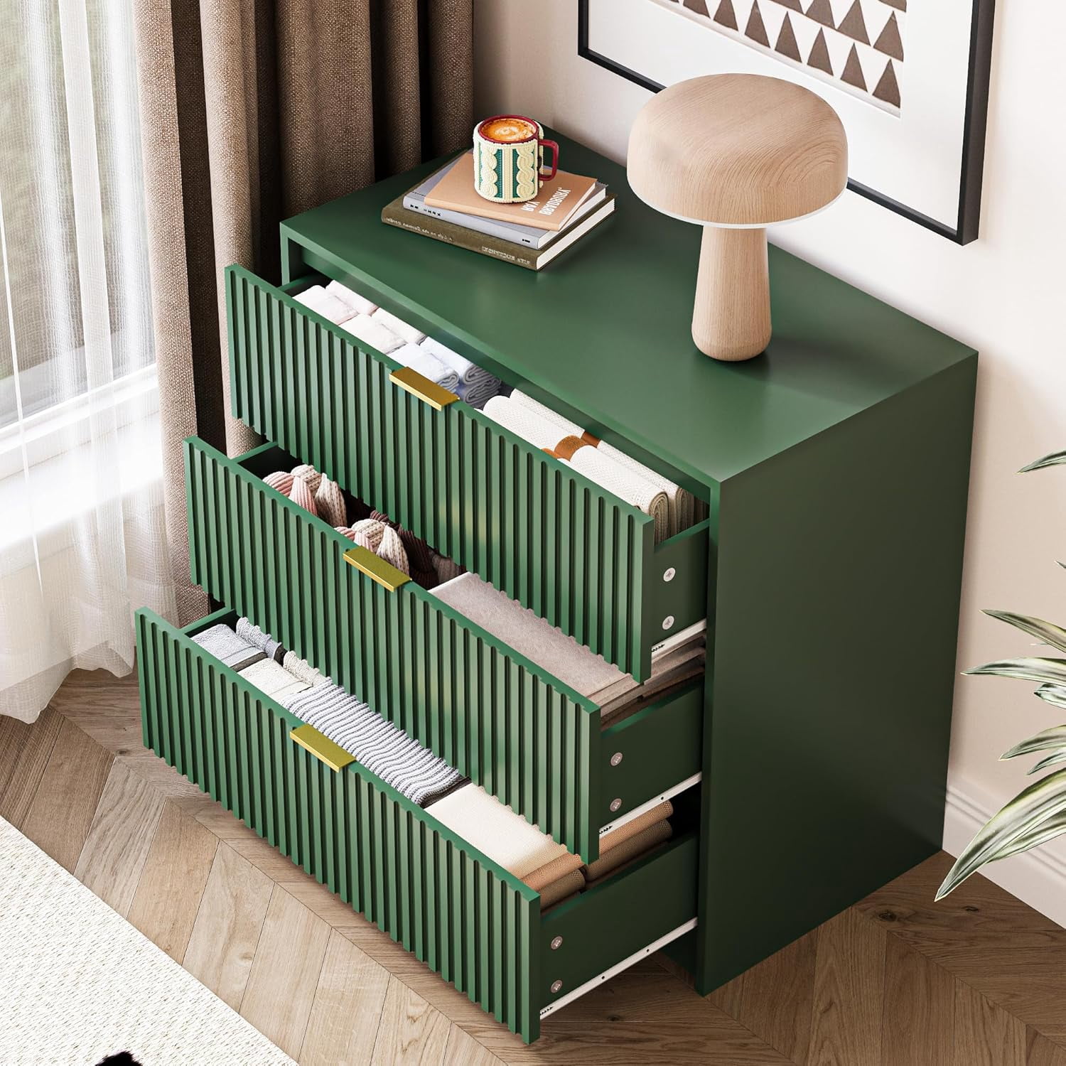 FURNIWAY 3 Drawer Fluted Dresser, 32 Inch Wide Nightstand with Large Drawer, 3 Drawer End Table for Bedroom, Living Rooms, Offices and Entryways,Green