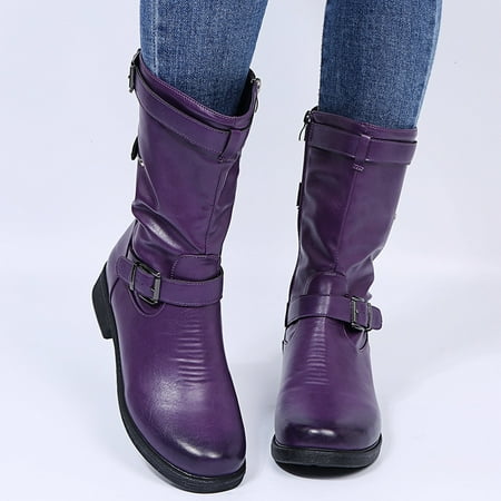 

NEW Shoes for Women Retro Women Zipper Square Heel Solid Color Middle Tube Boots Round Toe Shoes Red