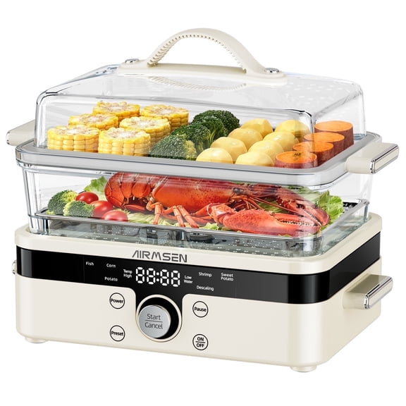 AIRMSEN 8-in-1 Glass Food Steamer for Cooking, 1200W Electric Vegetable Steamer with Removable Water Tank, 12H Delay Start & Auto Warm Mode, BPA-Free, TL1230
