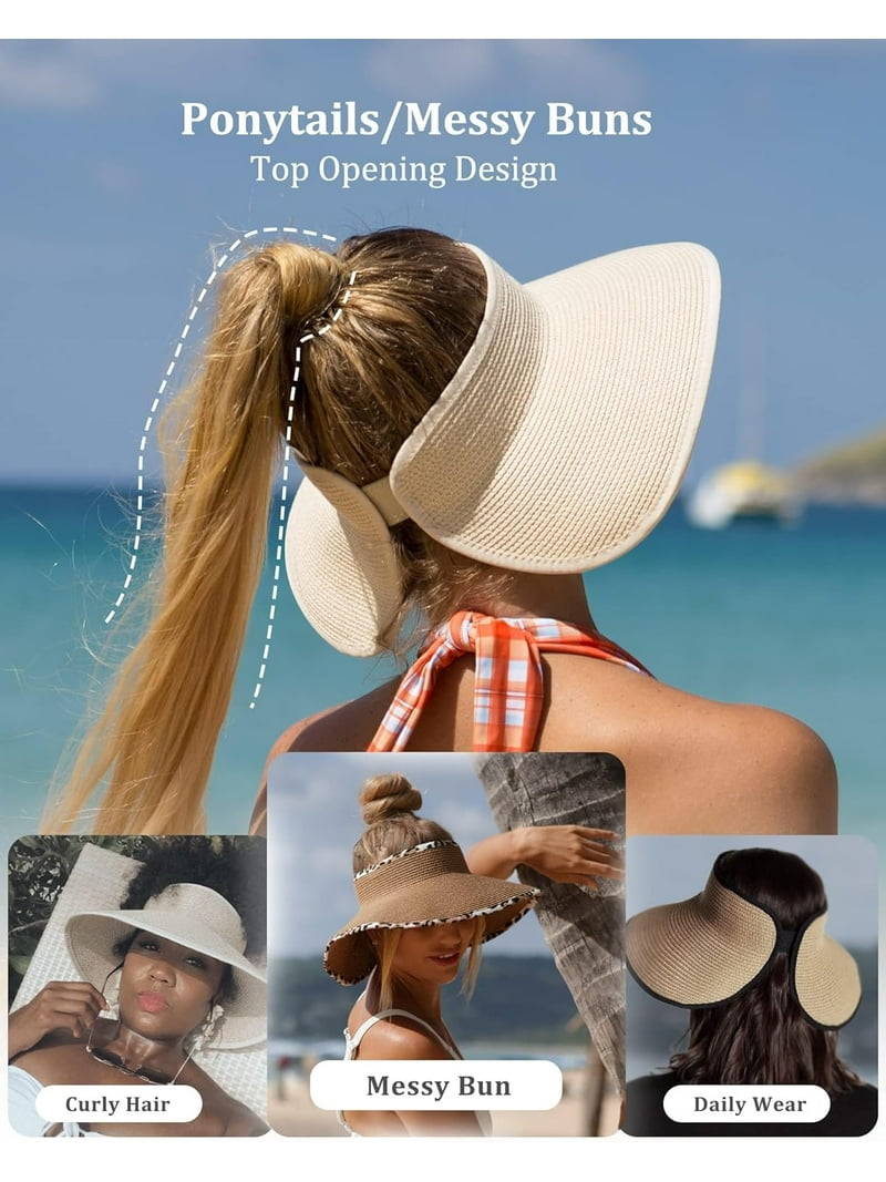 Sun Visor Hats for Women Wide Brim Straw Roll Up Ponytail  display picture 2