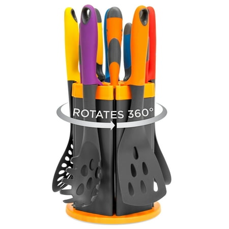 Nylon Utensil Set Spoon Slotted Best Choice Products 11-Piece BPA-Free Heat Resistant Home Kitchen Cutlery Utensils Cookware Set w/ 5 Knives, 2 Spoons, Ladle, Pasta Server, Splotted Spatula, Rotating Stand - Multi ()