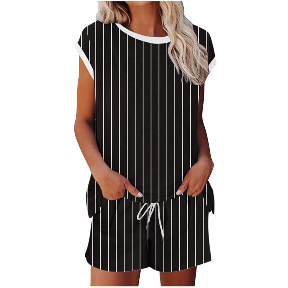 dazeni Womens Pajamas 2 Piece Lounge Sets with Pockets Striped Short Sleeve T Shirts Drawstring Shorts Crewneck Sleep Matching Set