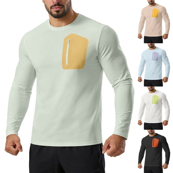 Nmnitkp Men's Quick Dry Long Sleeve Athletic Shirt Plus Size Crew Neck with Zipper Pocket Breathable Lightweight Workout Top for Running Gym Training Casual Daily Wear Green,S