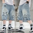 thumbnail image 4 of mgoYE Boy Star Patchwork Denim Shorts Mid Rise Casual Loose Summer Streetwear Baggy Jeans Jorts(Blue,5-6 Years), 4 of 6