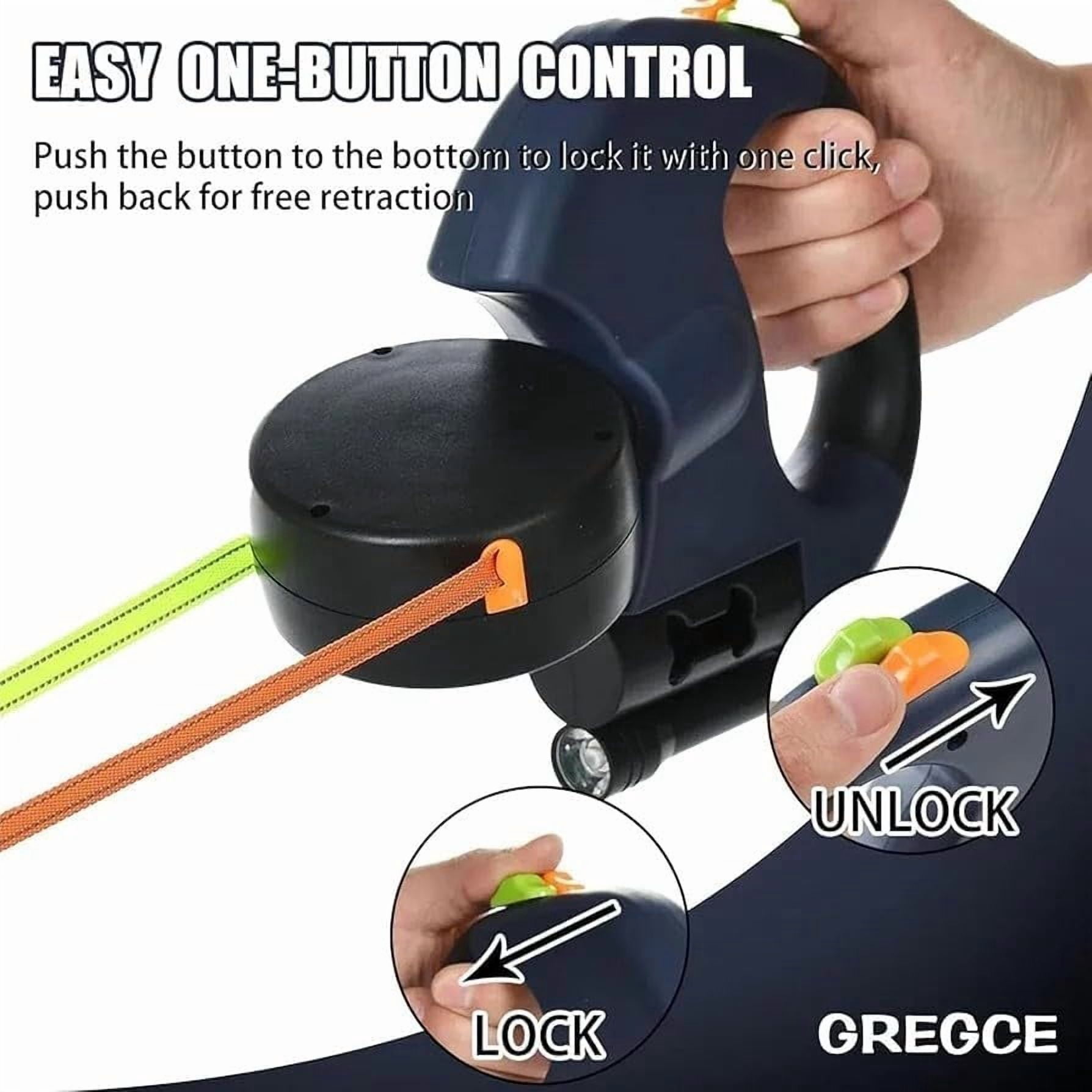 Dual Retractable Dog Leash with LED Flashlight & Poop Bag Holder, Tangle-Free Lock Control, One-Handed Brake for Small Medium Large Dogs