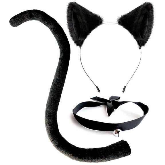 OLYPHAN Cat Costume Accessories, with Black Cat Ears Headband, 28" Long Black Tail & Bell Choker (3-Piece Kit)