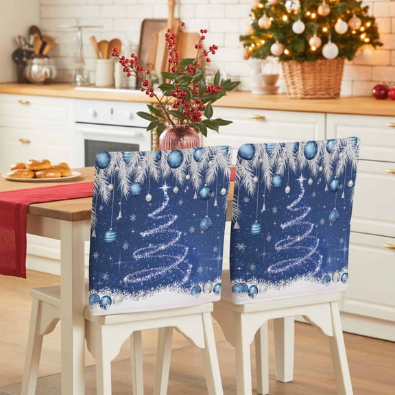 Navy Blue Christmas Chair Covers Set of 4 Shiny Star Tree Xmas Balls Snow Pine Leaf Chair Back Covers Stretch Removable Washable Slipcovers Protector for Dining Room Kitchen Party Decor
