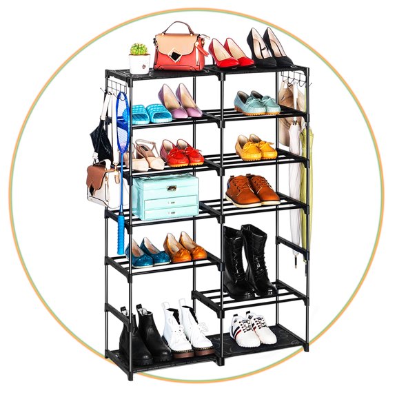 Auledio 7 Tier Durable Metal Shoes Rack Tower Shelf with Hanger,Boots Slippers Organizer Storage for 30 Pairs (Black)