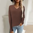 thumbnail image 3 of Vedolay Womens Long Sleeve Tops Women's Ribbed Knit Long Lantern Sleeves Crewneck Casual Slim Fit Pullover Sweater,Coffee L, 3 of 4