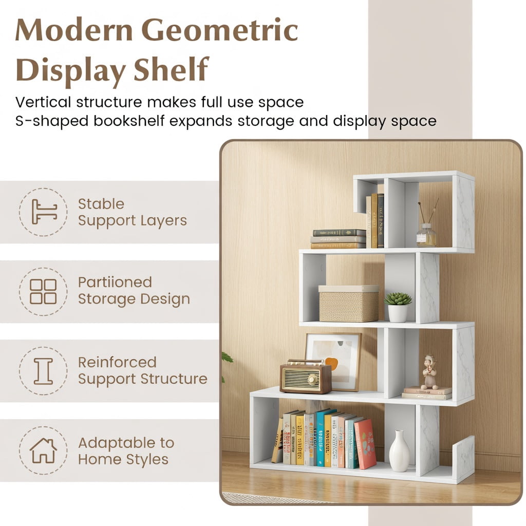 Topcobe 5-Tier S-Shaped Bookshelf Geometric Z-Shelf Bookcase with Open Cubes, Corner Bookshelf Modern Book Case for Books, CDs, Movies, White