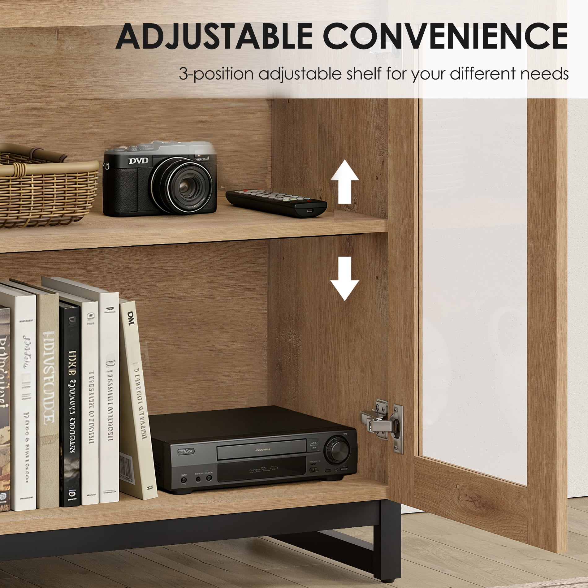 Modern 4-in-1 Modern TV Stand, Tempered Glass Doors Entertainment Center with Adjustable Shelves & Sturdy Metal Base, Media Console for up to 120 Inch TVs, Oak