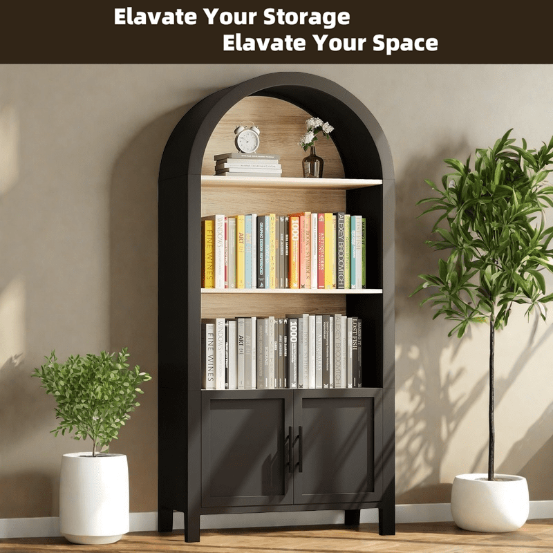 WARMMUSE 66.7" Tall Arched Bookshelf, Mid-Century Modern Bookcase Display Shelf with Cabinet and 3 Shelves, Black and Natural Wood