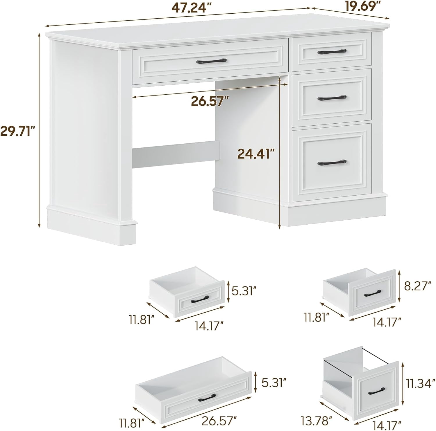 Farmhouse 47" Executive Desk with File Drawer, Computer Desk with 4 Drawers, Workstation for Study, Home Office, Writing, Cream White.