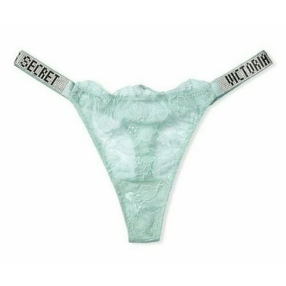 Victoria's Secret Bombshell Shine Rhinestone Strap Thong Panty Mint Blue Lace Size Medium NWT