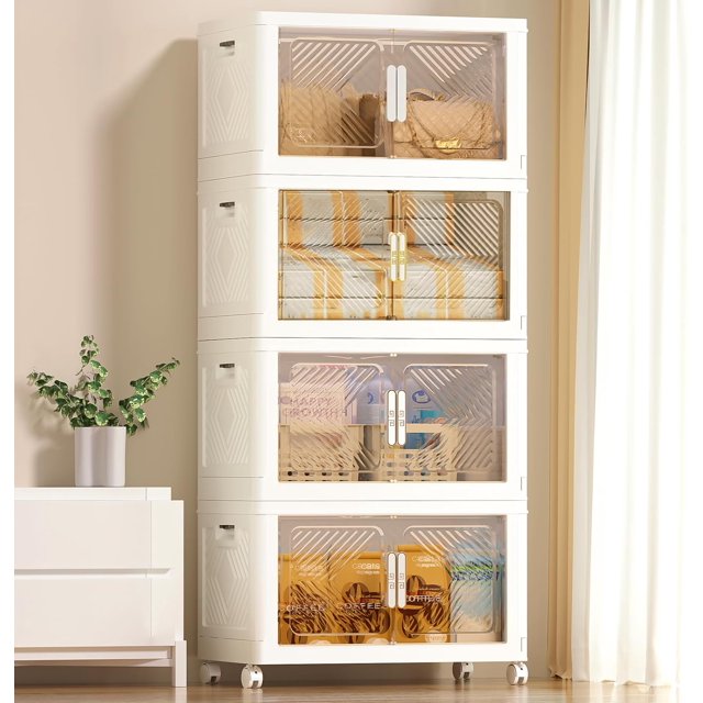 Storage Bins with Lid L ( QT) Foldable Stackable Storage Containers Clear Plastic Collapsible Storage Bins with Door and Wheels Closet Organizers and Storage Box for Home ( Tie