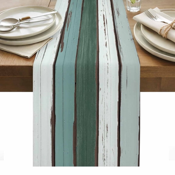 Green Gray White Table Runner - 72 Inch Long, Kitchen Dining Table Runner Dresser Scarves, Country Vintage Gradient Wooden Plank Farmhouse Decor for Coffee Tables Wedding Party Banquet