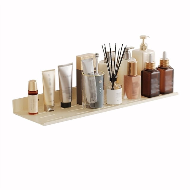 Estantes flotantes for baño, de aluminio, sin necesidad de taladrar, con borde y orificios de drenaje.
