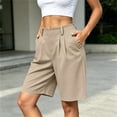 thumbnail image 6 of TEAJOPSUU Women's Casual Bermuda Shorts Elastic Waist Wide Leg Knee Length Summer Pleated Shorts with Pockets for Everyday Outwear Khaki, 6 of 6