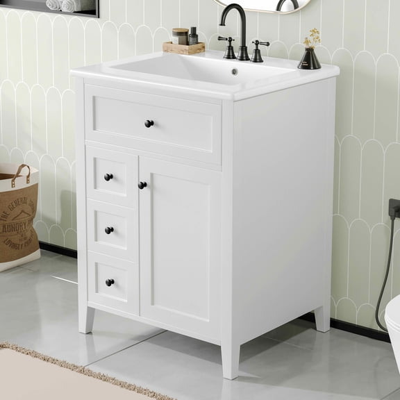 MAYEERTY 24" Bathroom Vanity with Sink, 3 Drawers Cabinet Adjustable Shelves MDF Rubberwood, Modern Small Medium Bathrooms, White