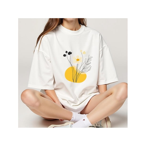 Floral Print Shirt Round Neck Drop Shoulder Tee Casual Short Sleeve T-Shirt for Women's Daily Wear Cotton Top