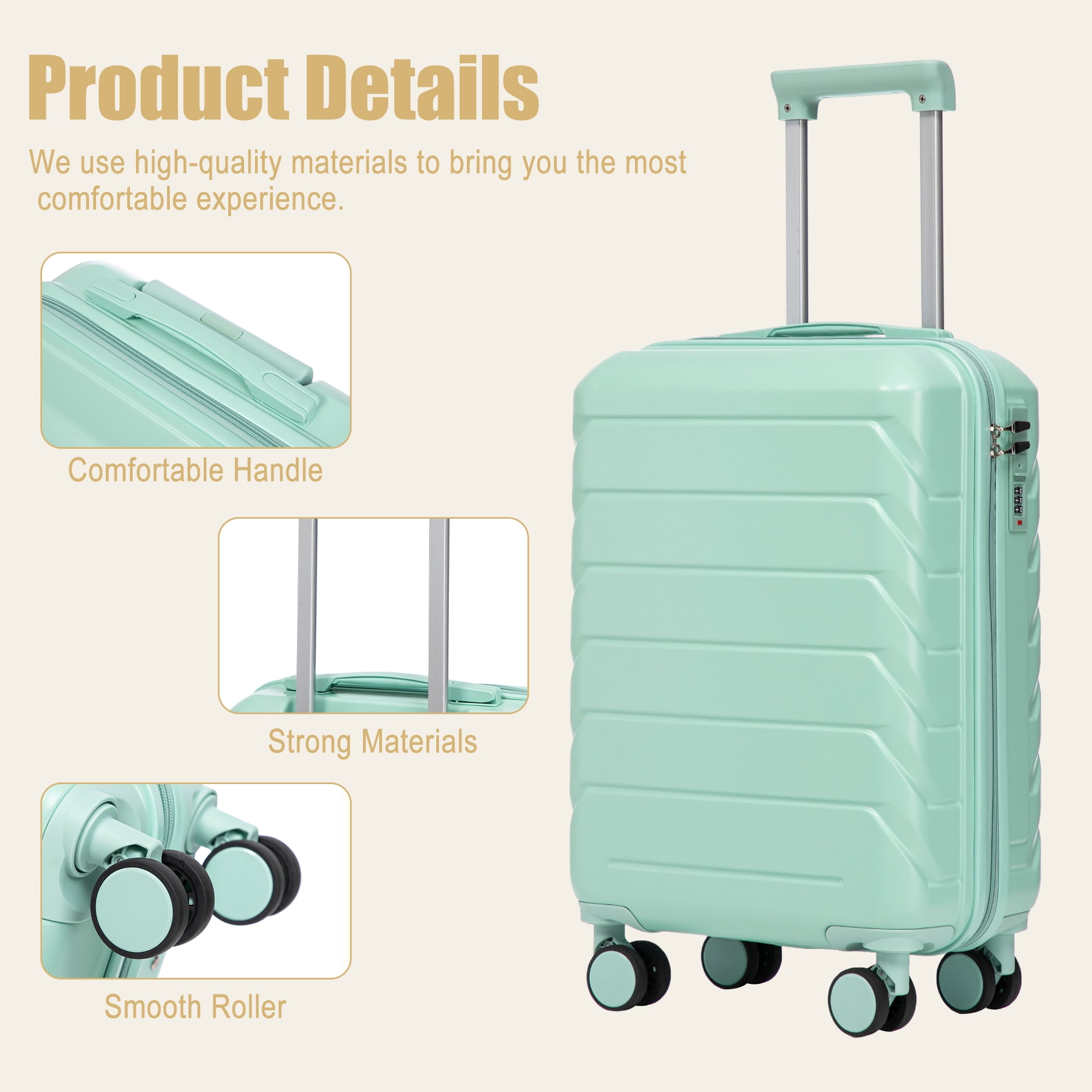 Alvantor 20inch Luggage, ABS Scratch Resistant Checked Suitcase with 4 Spinner Wheels and Lock, Mint Green