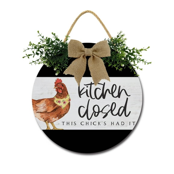 Kitchen Closed Front Door Sign Funny Wreaths Hanging Wooden Plaque Decoration Round Rustic Wood Farmhouse Porch Decor for Home Front Door Decor, 12 Inch