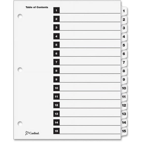 Cardinal OneStep Numbered Index System 15 x Divider(s) - Printed Tab(s) - Digit - 1-15 - 15 Tab(s)/Set - 9" Divider Width x 11" Divider Length - Letter - 8 1/2" Width x 11" Length - 3 Hole Punched - W