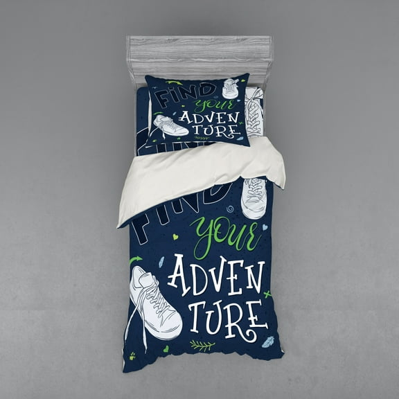 Ambesonne Adventure Bedding Set 3 Pcs, Forest Sneakers Youth, Twin, Dark Blue Black Green