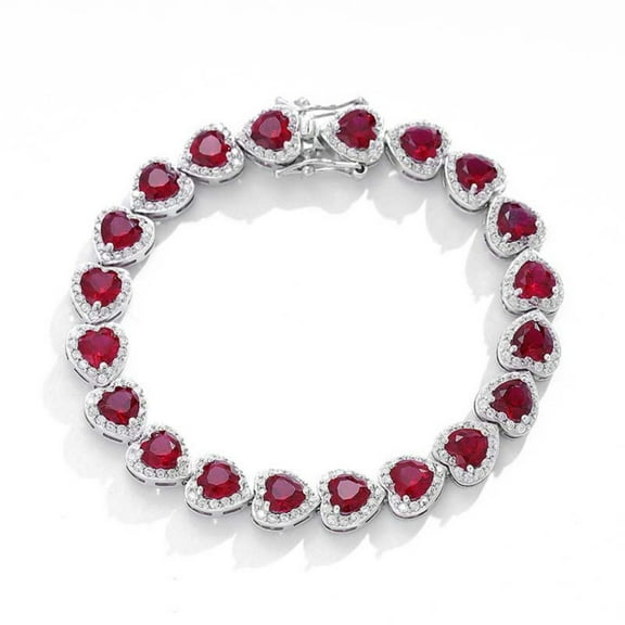 18K Gold Plated Heart Cut Created Ruby Bracelets for Women S925 Sterling Silver Tennis Bracelet for Wife 6-7.5 Inch