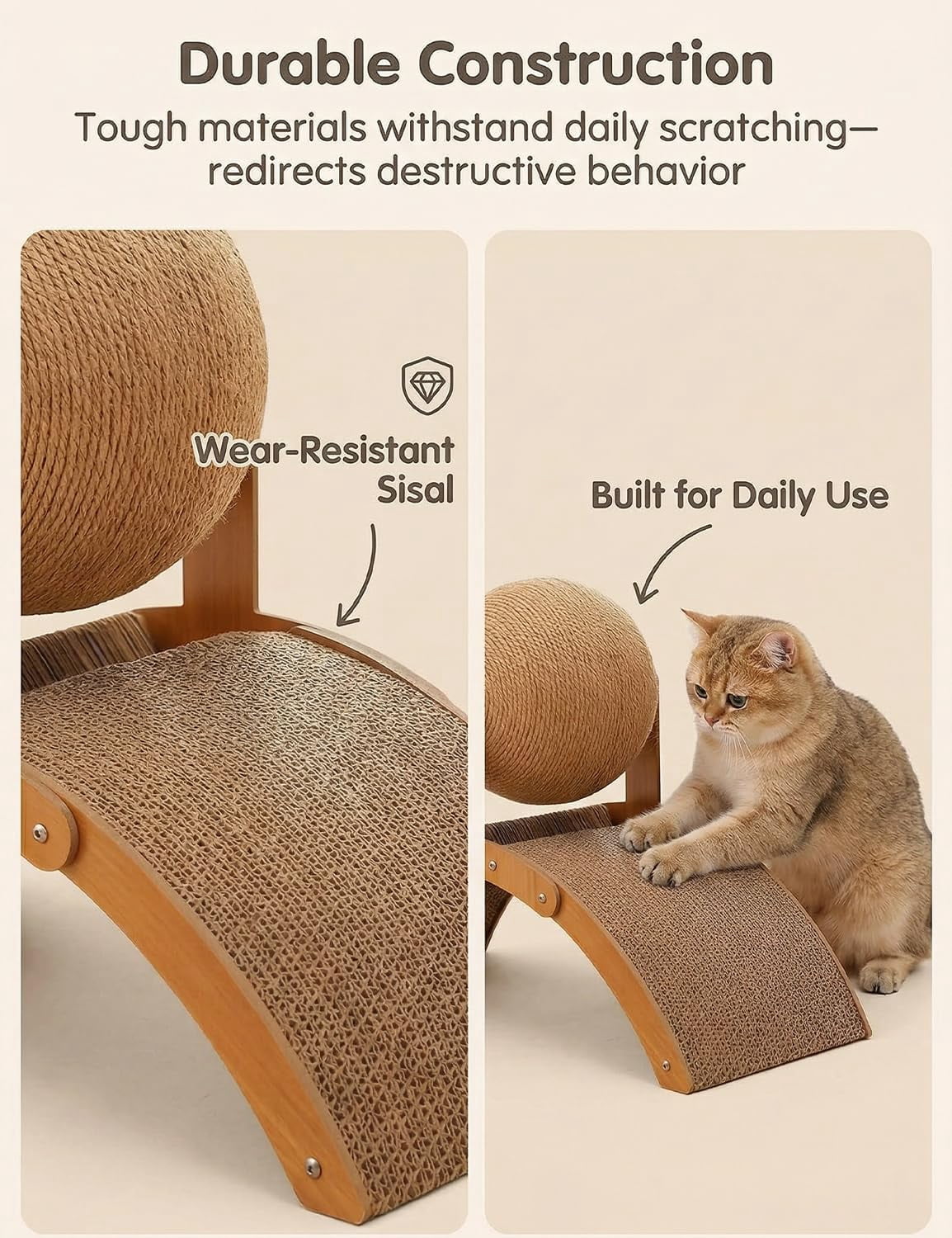 2026 Cat Scratching Ball On Stand, Solid Wood Interactive Cat Scratcher with 360° Rotating Natural Sisal Ball,  Durable Scratching Surface, Attracting A Cat's Attention, for Indoor Cats & Kittens