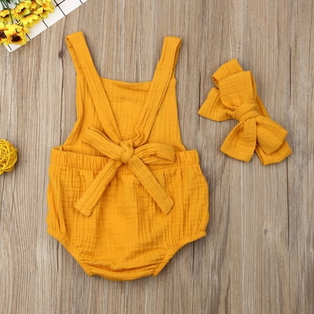 

Newborn Baby Girl Romper Backless Jumpsuit Headband Cotton Outfits Set Clothes