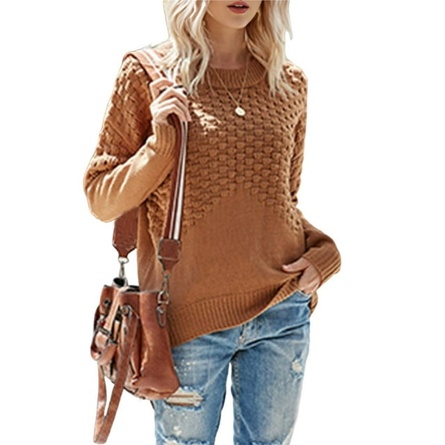 Suéteres de Mujer, Blusas de Larga, Cuello Redondo, Suéteres de Punto, Moda de Otoño, Ropa Informal Elegante y Básica Marrón L