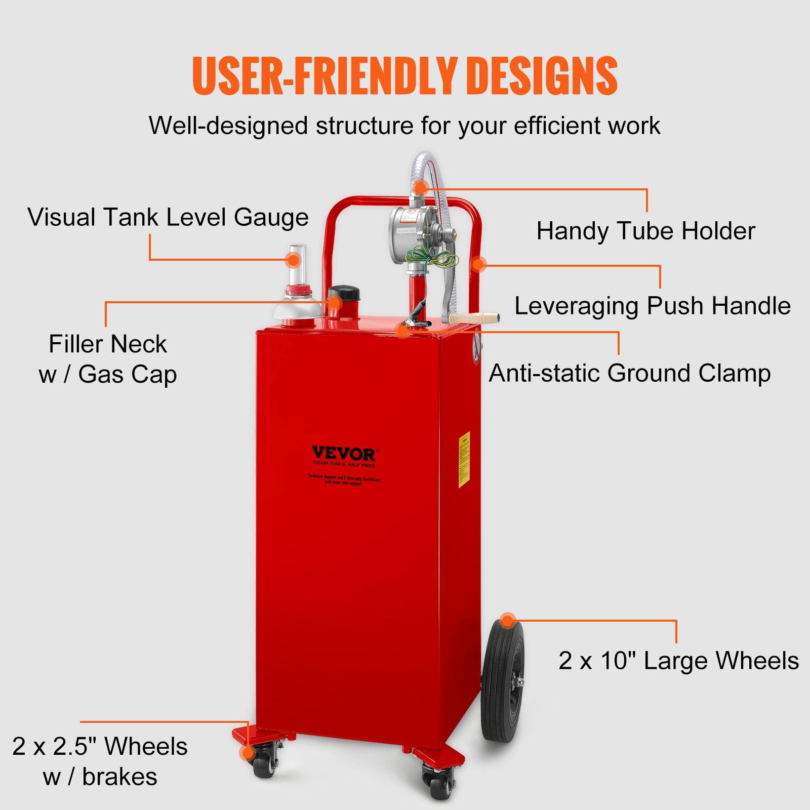 35 Gallon Red Fuel Caddy with Manual Transfer Pump 4 Wheel Gas Diesel Storage Tank for Cars Lawn Mowers ATVs Boats