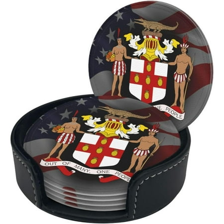 

Coat of Arms of Jamaica Premium Leather Coasters - Set of 6 with Holder | Stylish Drink Coasters for Kitchen Coffee and Home Decor