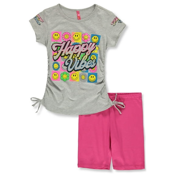 Cute 4 U Girls' 2-Piece Happy Vibes Bike Shorts Set Outfit Color: heather gray Size: 4