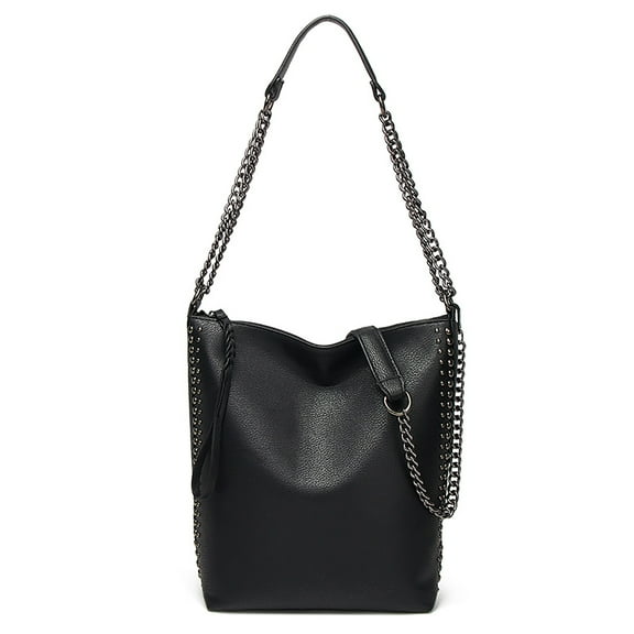 Designer Hobo Shoulder Bag, Black Faux Leather, Chain Strap, Studded Detail