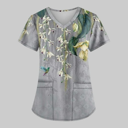 

Yubatuo Women Plus Size Scrubs Top with Pockets V-Neck Short Sleeve Animal Print Work Blouse for Women Gray S
