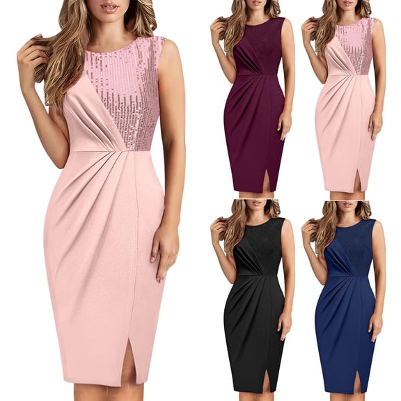 Felirenzacia Women's Boat Neck Sleeveless Sequin Patchwork Slit Dress, Formal Midi Bodycon Pleated Gown, Pink,L