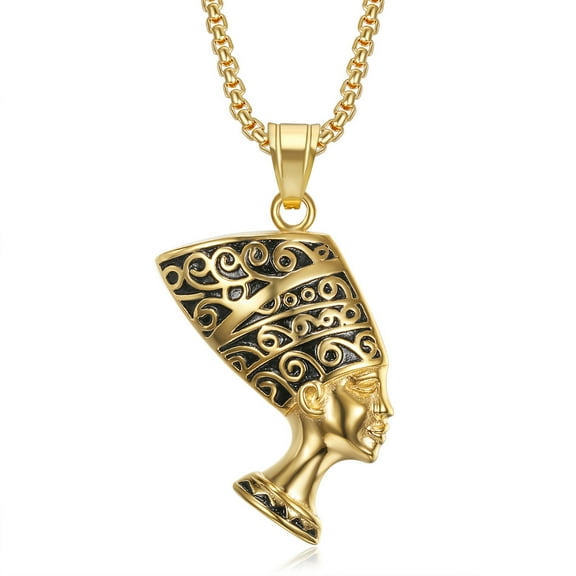 Hip Hop Rock 14K Yellow Gold Ancient Egyptian Queen Nefertiti Pendants Necklace for Men Rapper Jewelry