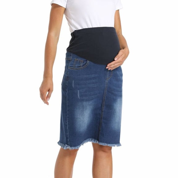 Hxshgdsn Womens Maternity Casual Jean Skirt With Pockets Hem High Waist Fake Denim Pregnancy Clothes Blue Xl
