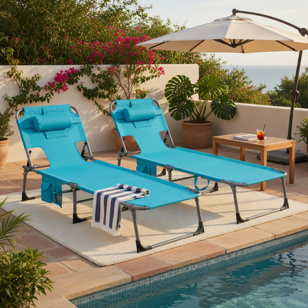 Hommoo Foldable Tanning Chair with Face & Arm Holes, Oxford Fabric Sun Lounger for Beach, Pool, Patio, Turquoise