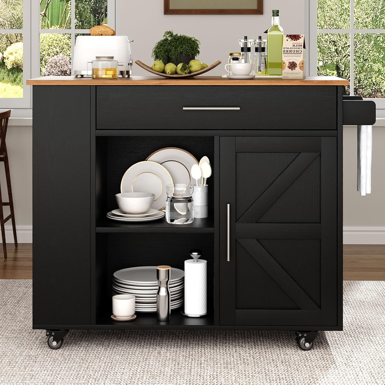 DreamCurship 39" Kitchen Island Cart with Storage, Kitchen Cart Island on Wheels, Rolling Kitchen Island with Spice Rack & Towel Rack, Island Table for Kitchen, Black
