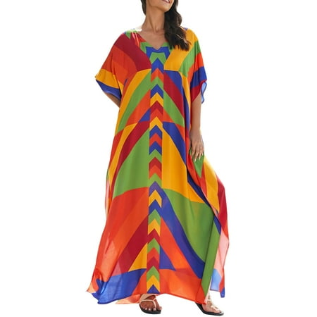 Gubotare Bathing Suit Cover Up Colorful Caftan Beach Dress for Women Long Bikini Cover Up Plus Size Orange One Size